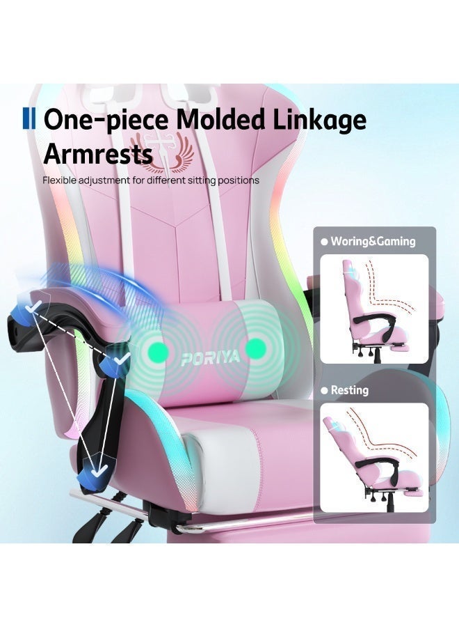 PORIYA Ergonomic Gaming Chair with Massage Lumbar Cushion & LED Lights, Adjustable Executive Office Chair with Footrest, 90–145° Recline, Height Adjustable, PVC Leather, 150kg Capacity (Pink Massage&LED) - Image 5